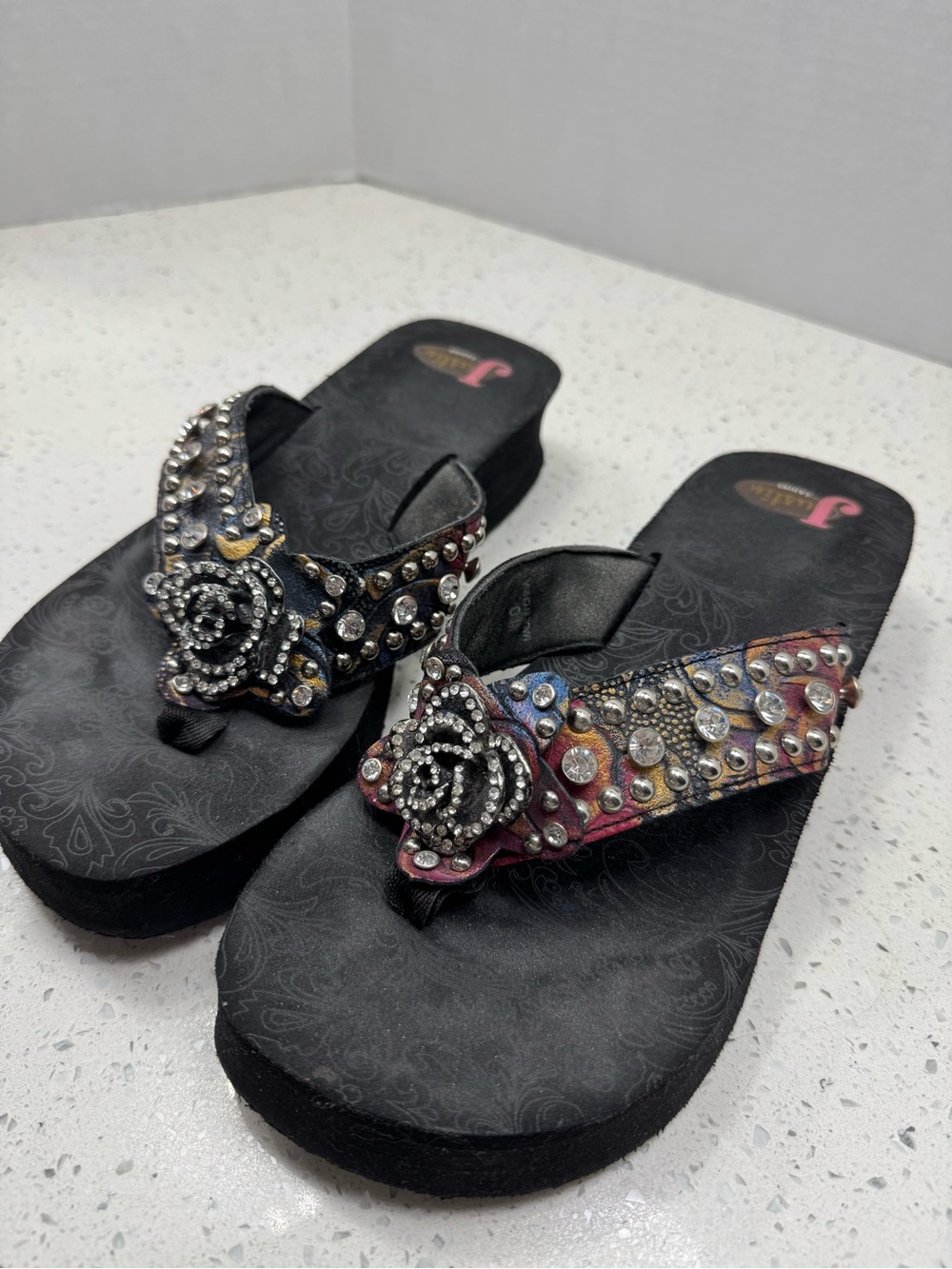 Embellished Black Women's Wedge Flip Flops with Rhinestone Rose